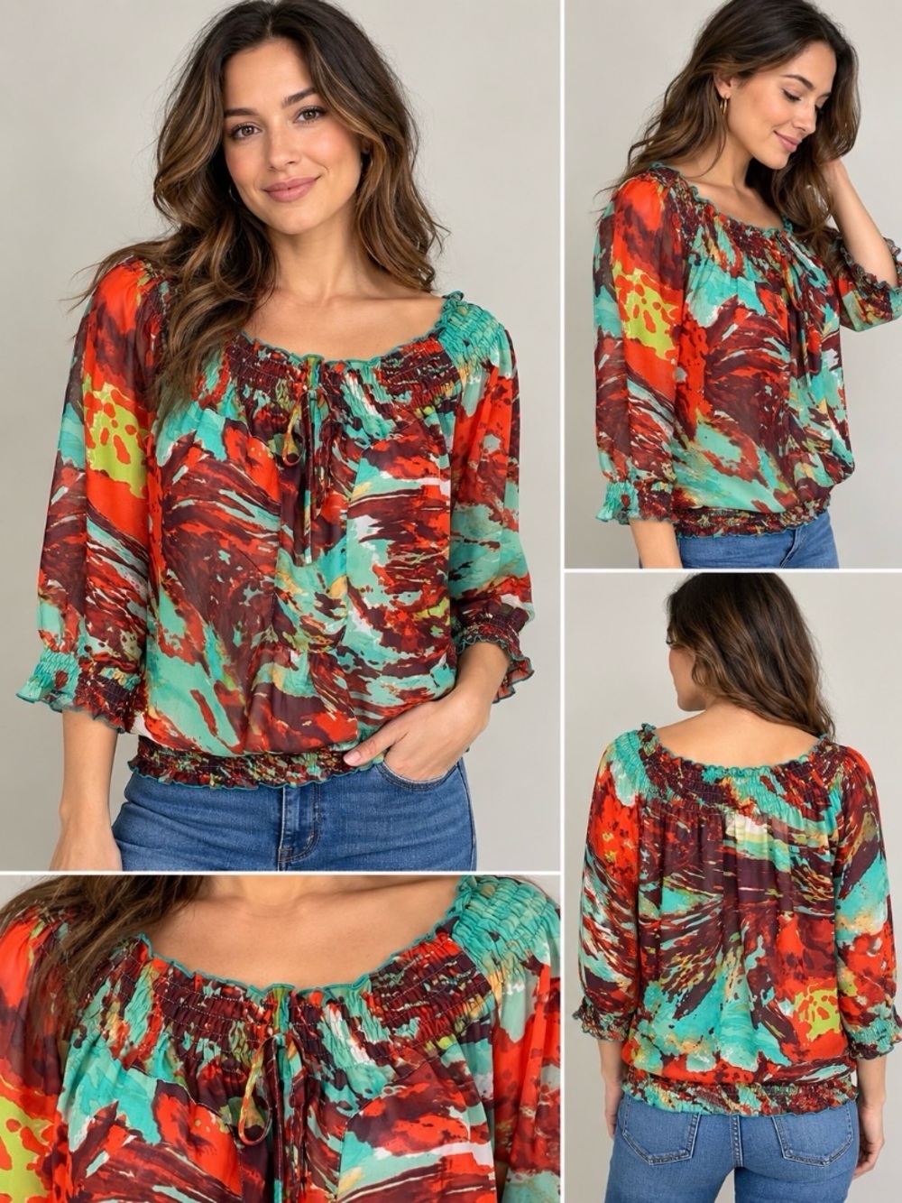 Madison Paige M Boho Peasant Blouse Multicolor Abstract Smocked 3/4 Sleeve